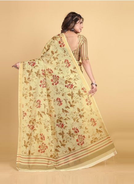 Creamy Yellow Chanderi Silk Digitally Printed Saree For Office