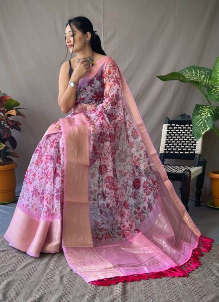Pink Organza Floral Digitally Printed Festive-Wear Saree