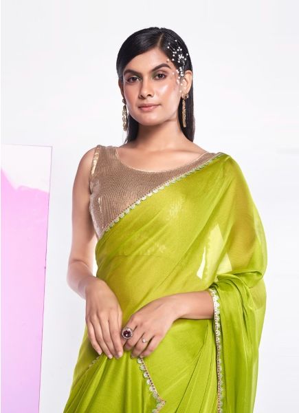 Lime Green Georgette Sequins-Work Party-Wear Boutique-Style Saree