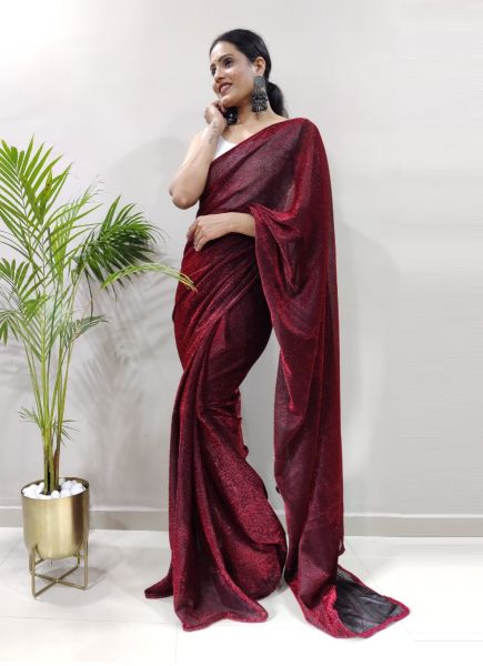 Dark Red Imported Glittering Net Ready-To-Wear Saree With Belt