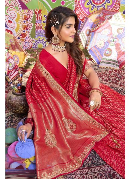 Red Woven Satin Silk Party-Wear Boutique-Style Saree
