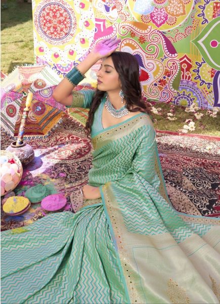 Mint Green Woven Satin Silk Party-Wear Boutique-Style Saree
