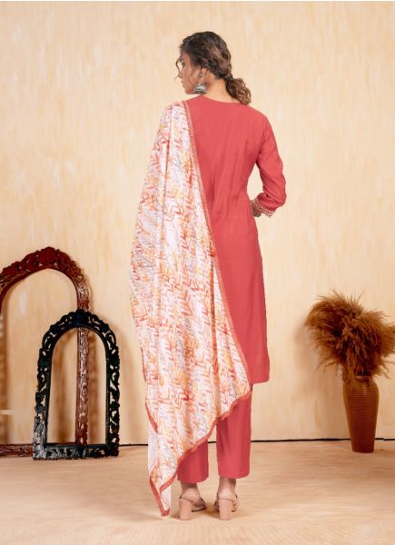Coral Red Romal Viscose Silk Printed Festive-Wear Pant-Bottom Readymade Salwar Kameez