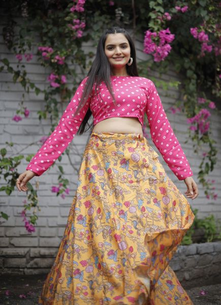 Orange & Magenta Tussar Silk Printed Party-Wear Readymade Choli & Skirt Set For Girls