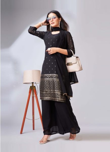 Black Georgette Embroidered Party-Wear Palazzo-Bottom Readymade Salwar Kameez