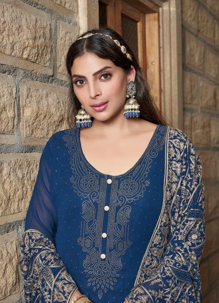 Royal Blue Georgette Embroidered Straight-Cut Salwar Kameez For Traditional / Religious Occasions