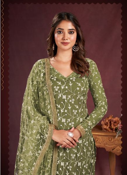 Olive Green Net Cotton Sequins-Work Party-Wear Straight-Cut Salwar Kameez
