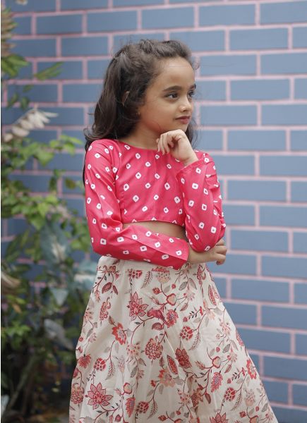 White & Warm Pink Tussar Silk Printed Party-Wear Kids Readymade