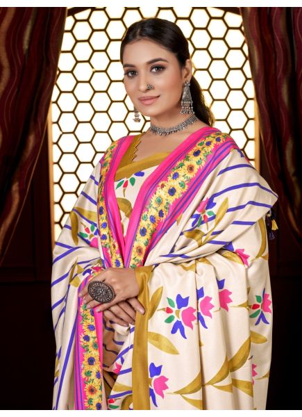 White & Golden Pashmina Printed Winter-Wear Saree With Shawl