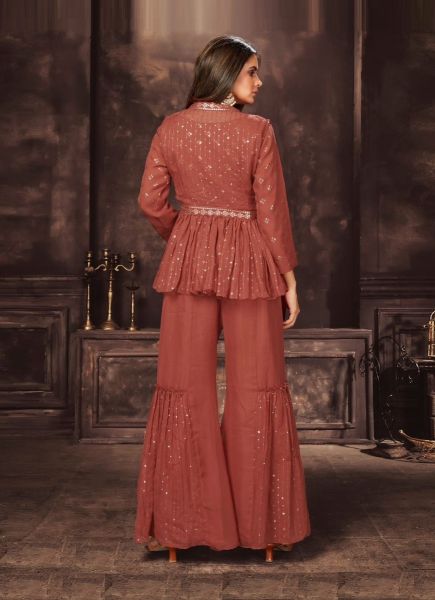 Brown Rust Georgette & Chinon Readymade Indo-Western Outfit