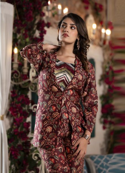 Wine Red Jam Satin Printed Party-Wear Readymade Co-Ord Set