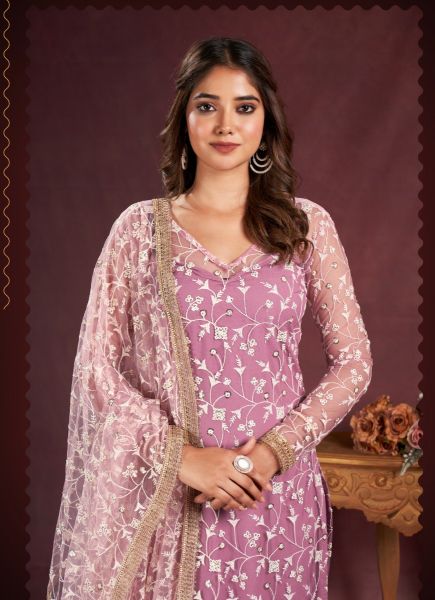 Pink Net Cotton Sequins-Work Ramadan Special Straight-Cut Salwar Kameez