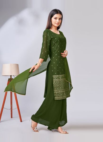 Olive Green Georgette Embroidered Party-Wear Palazzo-Bottom Readymade Salwar Kameez