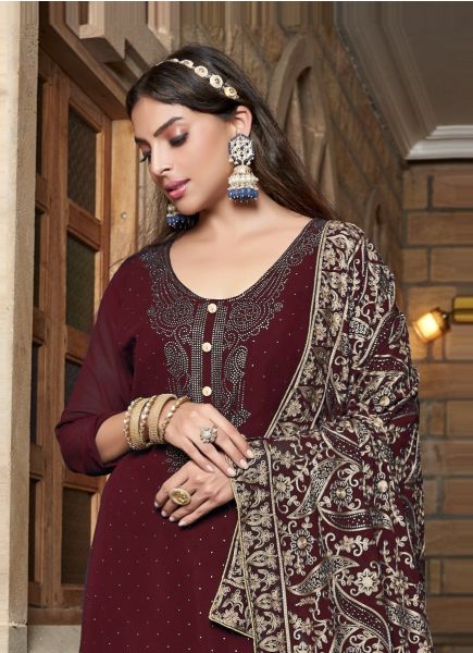 Dark Maroon Georgette Embroidered Straight-Cut Salwar Kameez For Traditional / Religious Occasions