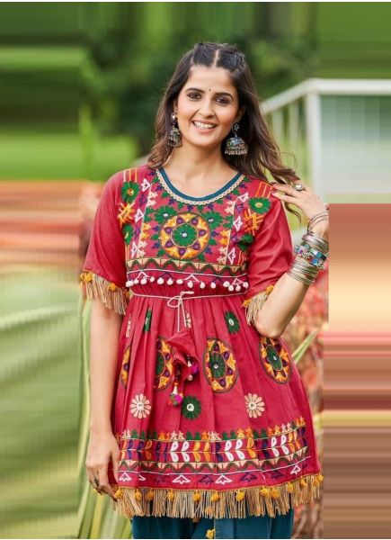 Red & Sea Blue Khadi Cotton With Embroidery & Thread-Work Readymade Navratri Kedia Set