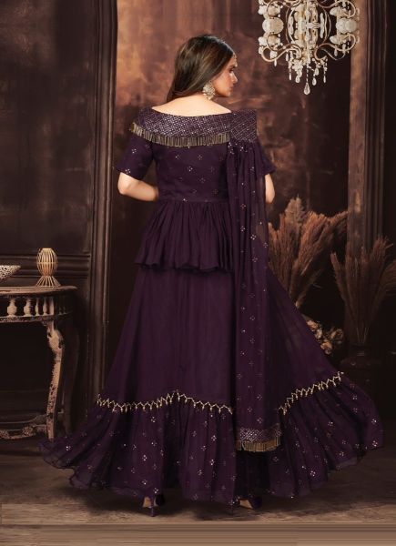 Dark Purple Georgette & Chinon Readymade Indo-Western Outfit