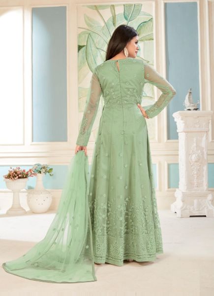Light Green Net Embroidered Party-Wear Floor-Length Salwar Kameez