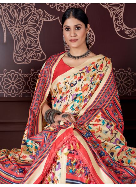 Cream Pashmina Printed Winter-Wear Saree With Shawl