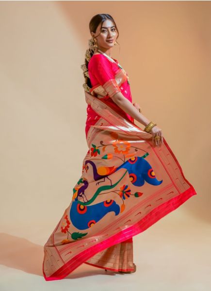 Pink Red Paithani Silk Party-Wear Saree