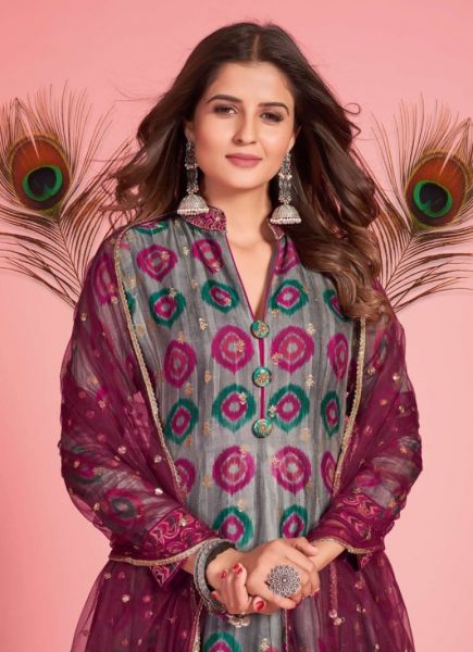 Gray & Magenta Pure Dola Silk With Jacquard Butti Readymade Gown With Dupatta