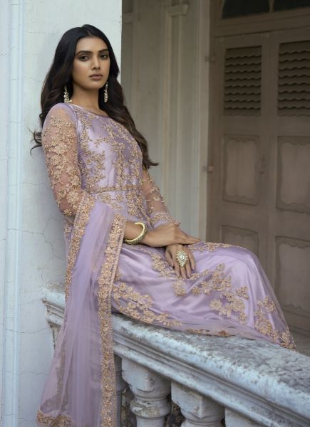 Light Lavender Net Embroidered Party-Wear Floor-Length Salwar Kameez