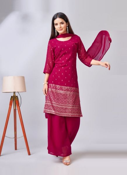 Purplish Red Georgette Embroidered Party-Wear Palazzo-Bottom Readymade Salwar Kameez
