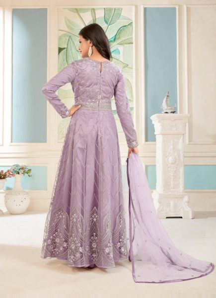 Lilac Net Embroidered Party-Wear Floor-Length Salwar Kameez