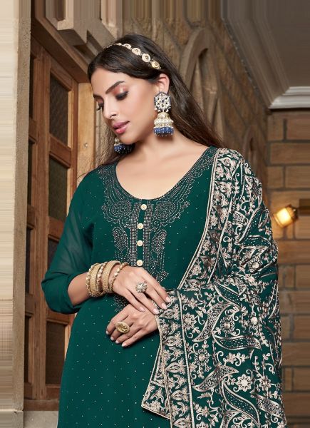 Teal Green Georgette Embroidered Straight-Cut Salwar Kameez For Traditional / Religious Occasions