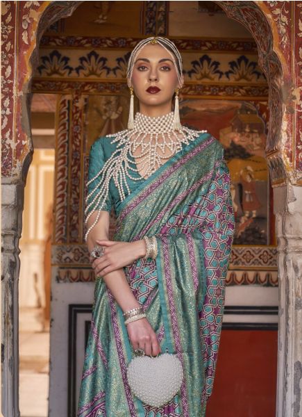 Sea Green Silk Party-Wear Saree With Belt