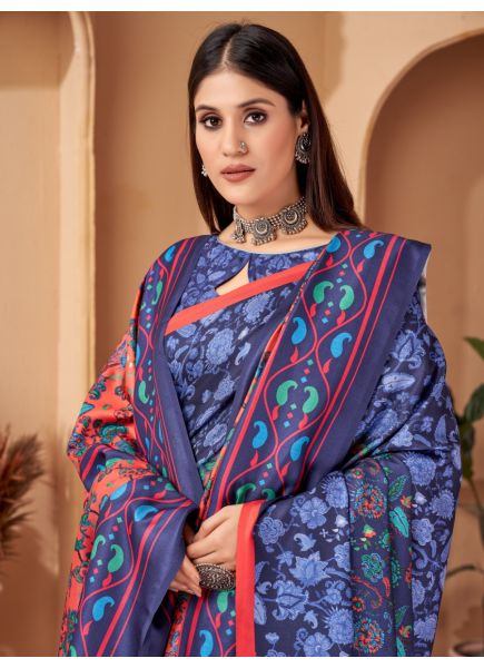 Blue Pashmina Printed Winter-Wear Saree With Shawl