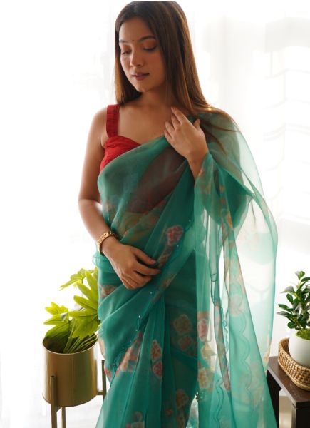Teal Green Organza Sequins & Aari-Work Party-Wear Boutique-Style Saree