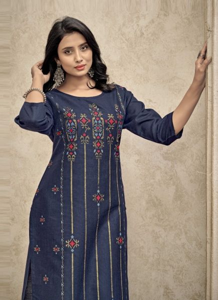 Blue Cotton With Foil-Print Festive-Wear Readymade Kurti With Pant