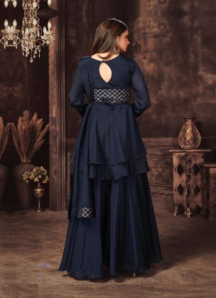 Navy Blue Georgette & Chinon Readymade Indo-Western Outfit