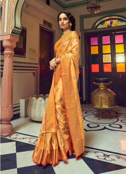 Orange Tusser Weaving Festive-Wear Silk Saree