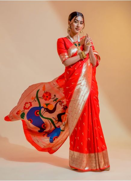 Red Paithani Silk Party-Wear Saree