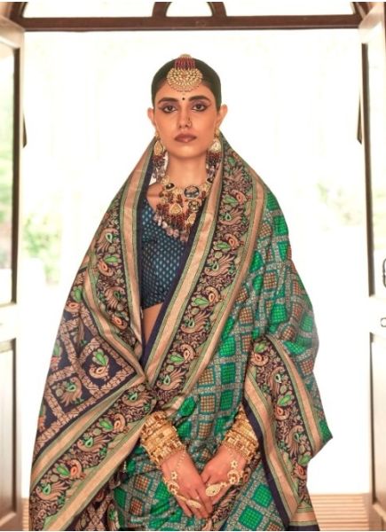 Jade Green Printed Party-Wear Banarasi Silk Saree