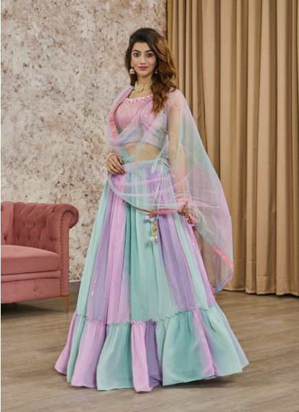 Light Pink & Aqua Georgette Handwork Wedding-Wear Readymade Crop-Top Lehenga Choli