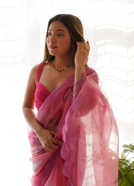 Pink Organza Sequins & Aari-Work Party-Wear Boutique-Style Saree