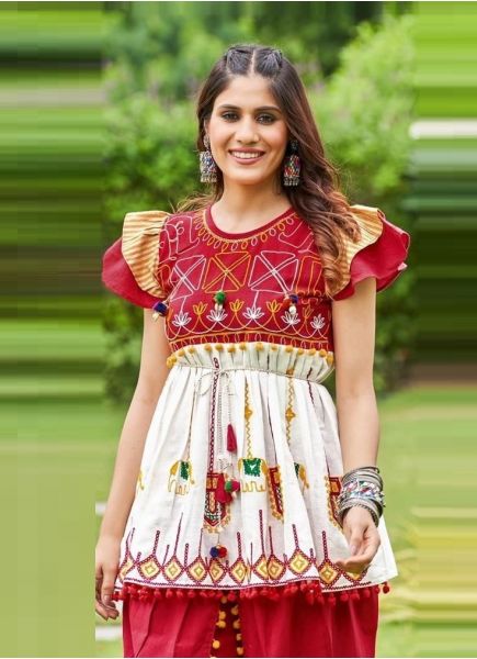 White & Crimson Red Khadi Cotton With Embroidery & Thread-Work Readymade Navratri Kedia Set