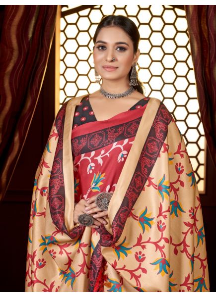 Red Pashmina Printed Winter-Wear Saree With Shawl