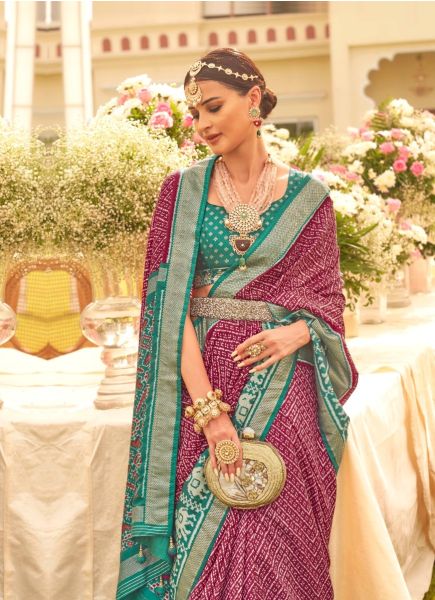 Wine & Teal Green Patola Silk Printed Saree For Traditional / Religious Occasions