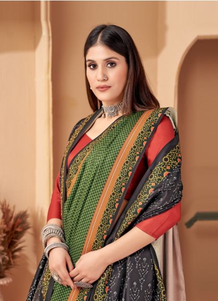 Green Pashmina Printed Festive-Wear Saree With Shawl
