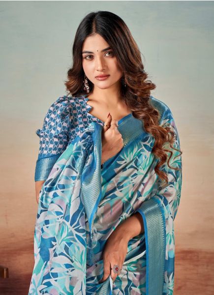 Sky Blue Dola Silk Digitally Printed Festive-Wear Saree With Tassels