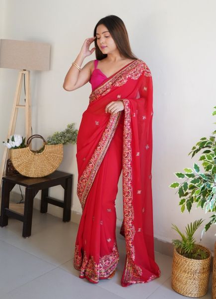 Red Georgette Thread-Work Party-Wear Boutique-Style Saree