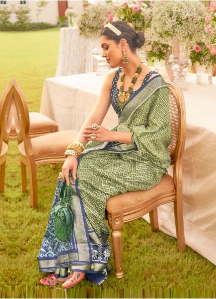 Light Green & Navy Blue Patola Silk Printed Saree For Traditional / Religious Occasions