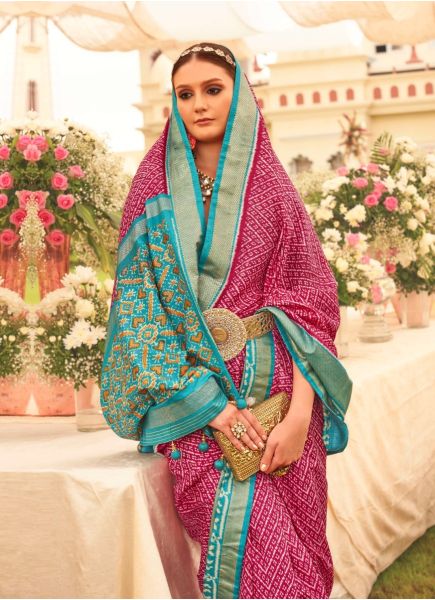 Magenta & Aqua Patola Silk Printed Saree For Traditional / Religious Occasions