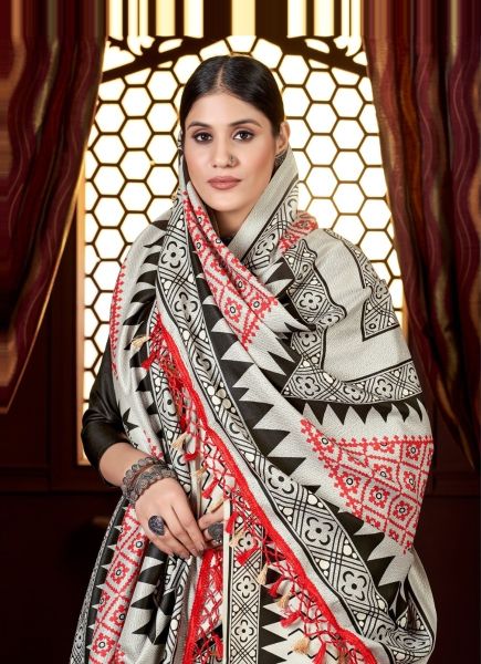 Bone White Pashmina Printed Festive-Wear Saree With Shawl