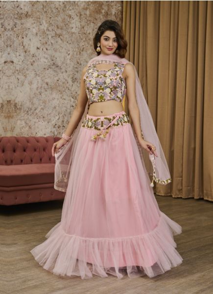 Light Pink Net Handwork Wedding-Wear Readymade Crop-Top Lehenga Choli