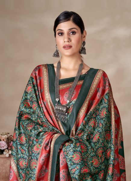 Bottle Green Pashmina Printed Festive-Wear Saree With Shawl