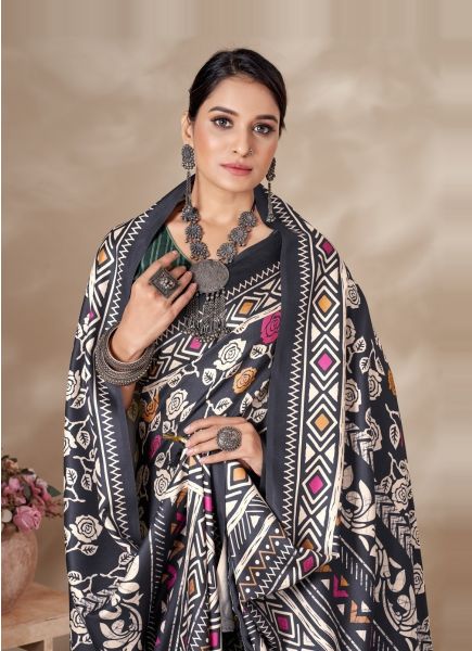 Black Pashmina Printed Festive-Wear Saree With Shawl